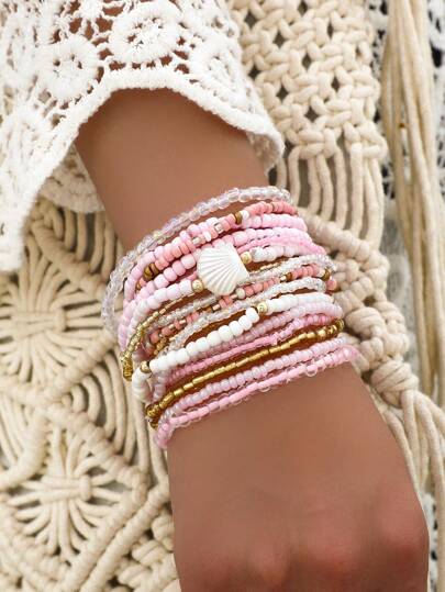 17pcs Creative Pink Pearl Beaded Bracelet Set, Asymmetrical Pearl Shell Charm Bracelets