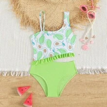 Tween Girl One-Piece Swimsuit With Oblique Shoulder Strap And Cute Design For Children - Green - View 1