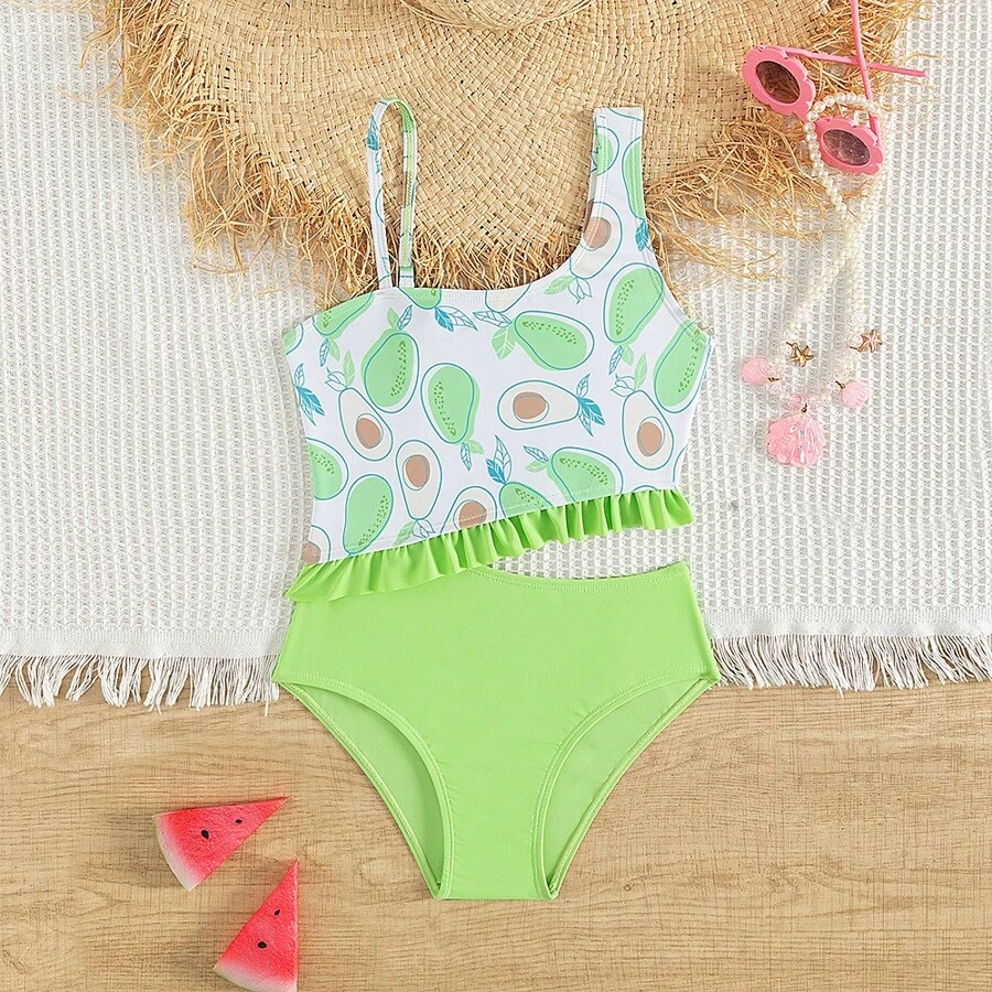 Tween Girl One-Piece Swimsuit With Oblique Shoulder Strap And Cute Design For Children - Green - View 1