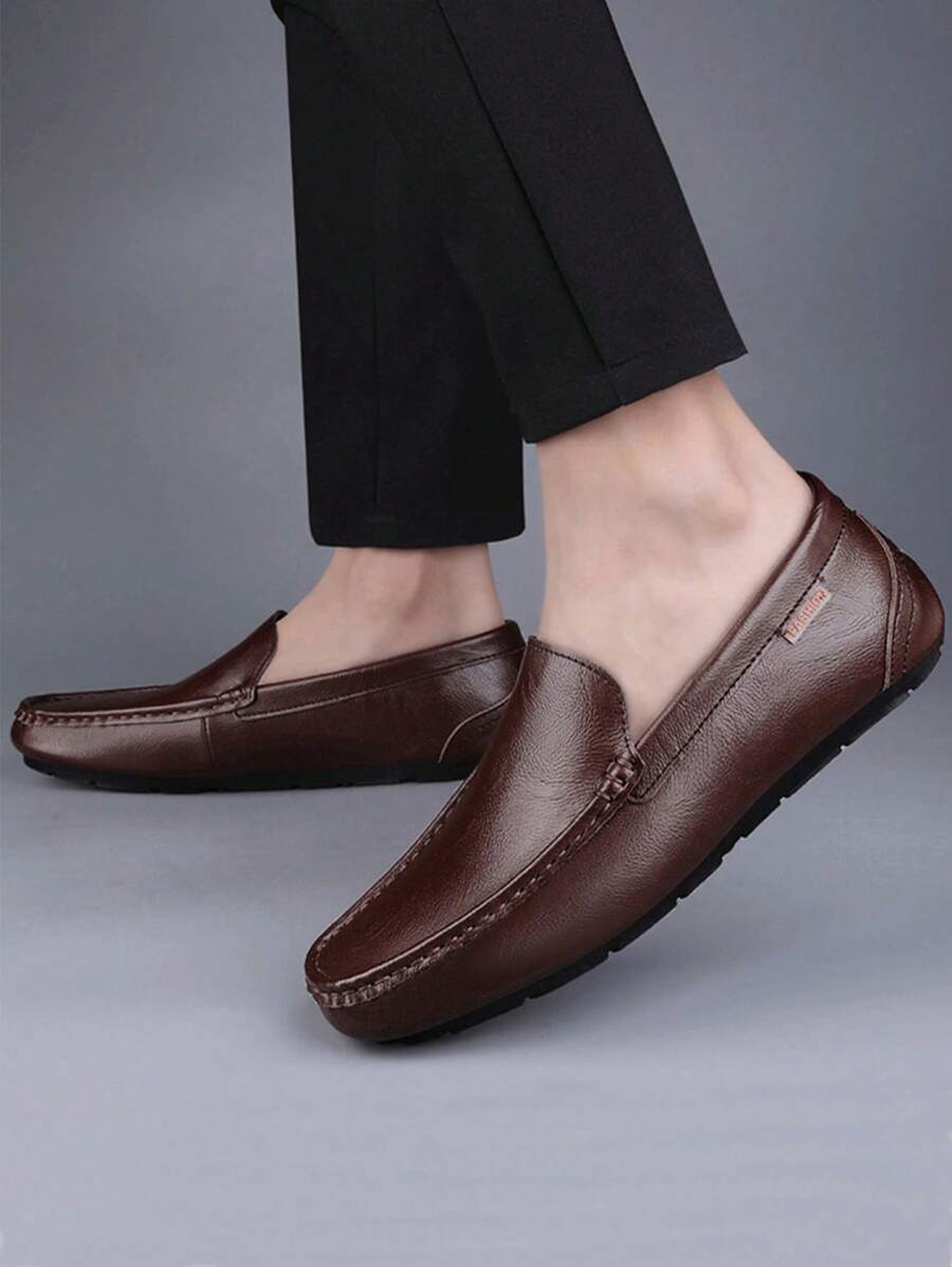 Fashionable Driving Shoes For Men, Stitch Detail Letter Patch Decor Slip-on Loafers - Brown - View 1