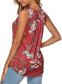 Womens Summer Tank Tops Basic Sleeveless Scoop Neck Loose Fit Floral Printed Boho T Shirts Flowy Casual Cami Pleated Tunic Tee Blouse - Đỏ - Xem 3