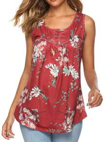 Womens Summer Tank Tops Basic Sleeveless Scoop Neck Loose Fit Floral Printed Boho T Shirts Flowy Casual Cami Pleated Tunic Tee Blouse - Đỏ - Xem 5