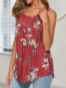 Womens Summer Tank Tops Basic Sleeveless Scoop Neck Loose Fit Floral Printed Boho T Shirts Flowy Casual Cami Pleated Tunic Tee Blouse - Đỏ - Xem 1