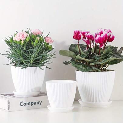 1pc Vertical Stripe Flower Pot Simple Plastic Resin Send Tray Thickened Green Plant Pot Round Pot
