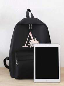 4 件套字母印花女式休闲背包套装，时尚背包，大容量单肩包，便携铅笔袋，零钱包，旅行背包，适合大学生、少女、大一、大二、初中和高中生、大学和高中生，非常适合户外、旅行和返校，返校用品