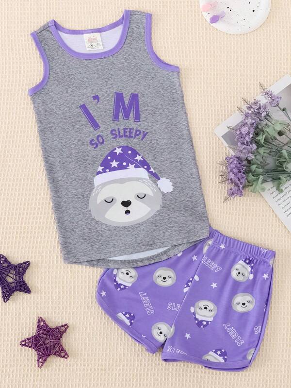 Pyjama ajusté 2 pièces pour adolescentes, ensemble débardeur et short ample imprimé paresseux mignon pour l'été, vêtements de maison sans manches