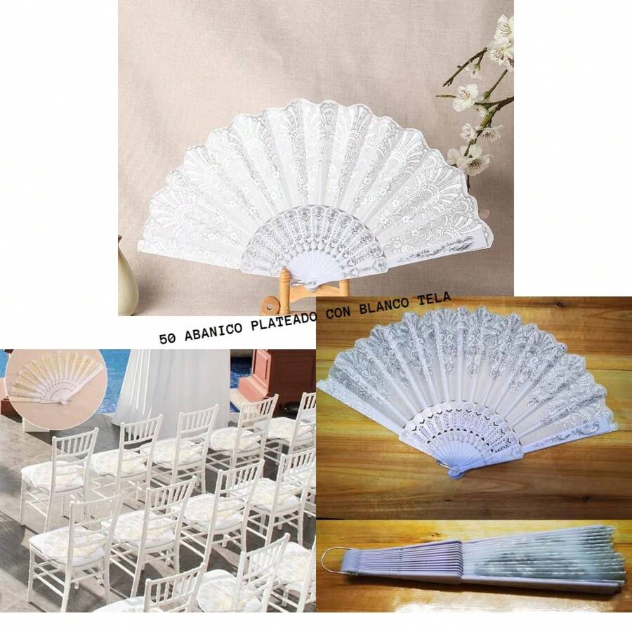 50 Pzs Abanicos De Tela Y Plástico Recuerdo De Boda Fiesta - Plateado - Ver 1