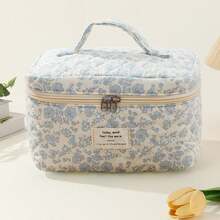 3 件套绗缝化妆包，花卉化妆包，化妆包，旅行化妆包，花卉绗缝化妆包，美观花卉洗漱用品收纳包 - 藍色 - 查看 3