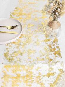 1捆，金色光豔奢華麻桌跑為婚禮、新娘派對、生日派對和房間裝飾提供裝飾-閃爍金屬薄網設計 - 金色 - 查看 2