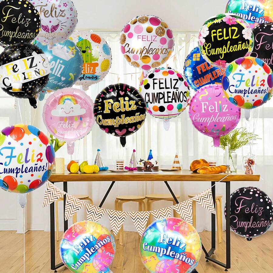 MECRLA 10pcs/Set 17.7 Inch Spanish Happy Birthday Round Foil Balloons, Assorted Styles, Suitable For Birthday Party Decoration - Multicolor - View 1