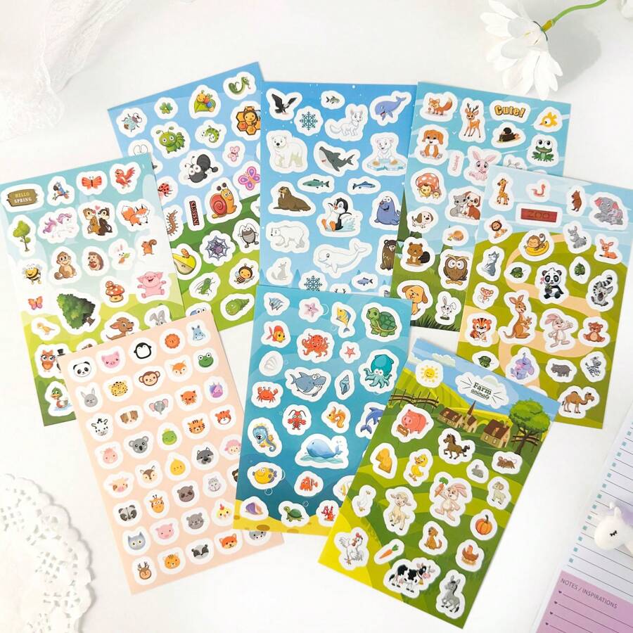8Sheet Animal Themed Scrapbook Sticker Set For Kids, Cute Cartoon Farm DIY Collage Material