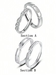 一對全925銀鑲嵌情侶開口戒指，附帶包裝盒，時尚、精美、多用途，適合婚禮、約會和禮物贈送 - 銀色 - 查看 12