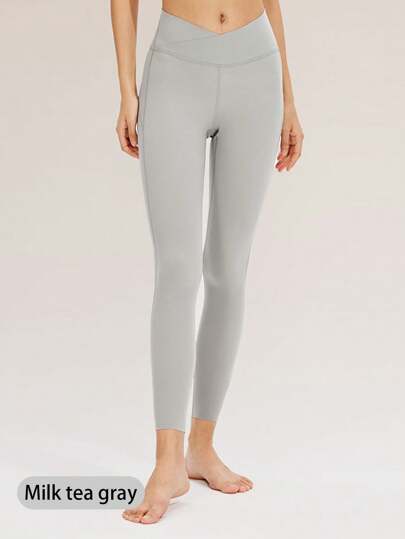 YOTTOY 1pc Women's Solid Color Tummy Control Yoga Pants With V-Shaped Waist, Moisture Wicking And Hip Lifting Effect, Naked Feeling, For Running And Fitness