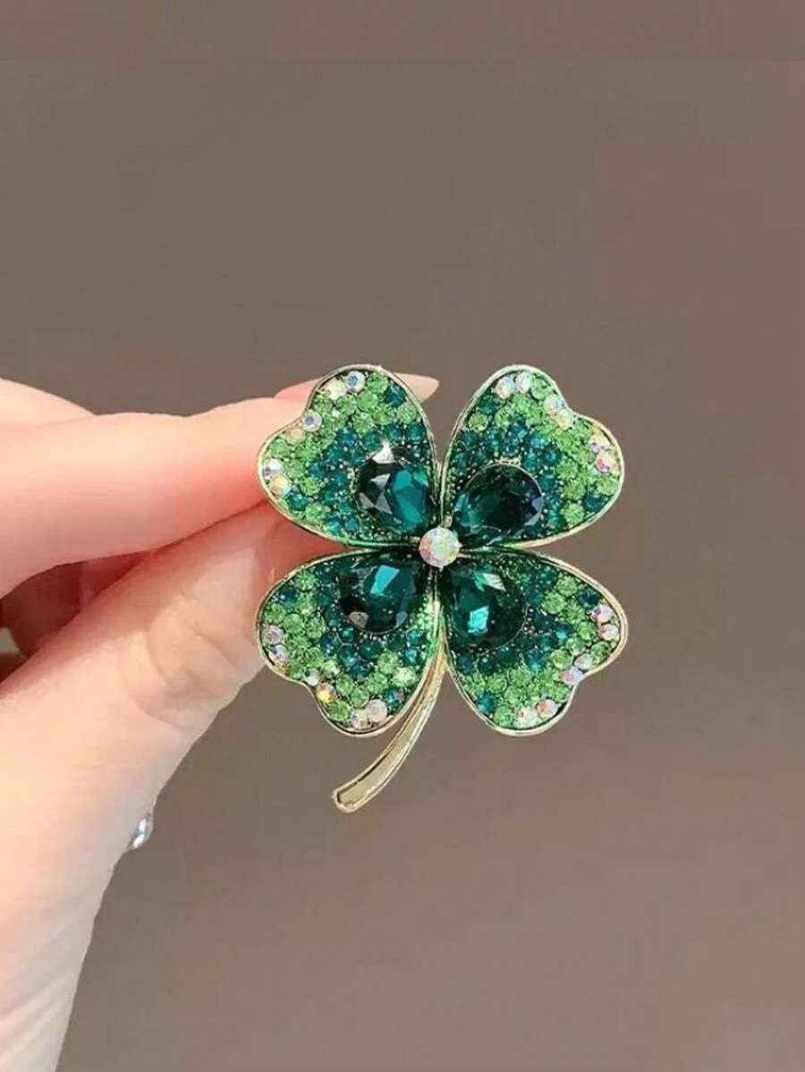 1 cái trâm cài áo hình cỏ bốn lá đính đá pha lê xanh, ghim cài áo, trang sức, quần áo, phụ kiện trâm cài áo cho phụ nữ, quà tặng ngày lễ tình nhân, mẹ, mẹ, ngày của mẹ, quà tặng - màu xanh lá - Xem 1