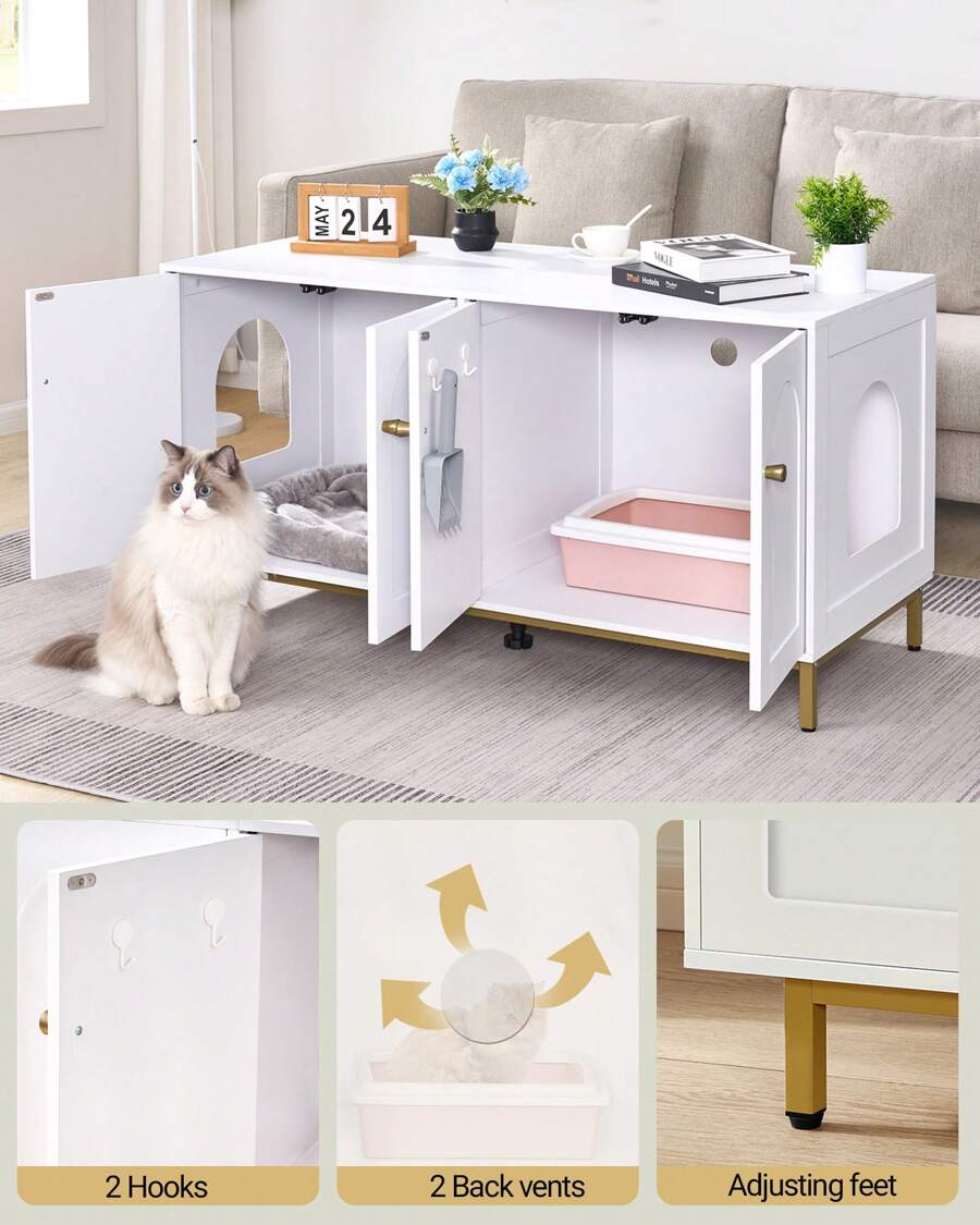 Cat Litter Box Enclosure For 2 Cats, Wooden Pet House, Fit Most Cat