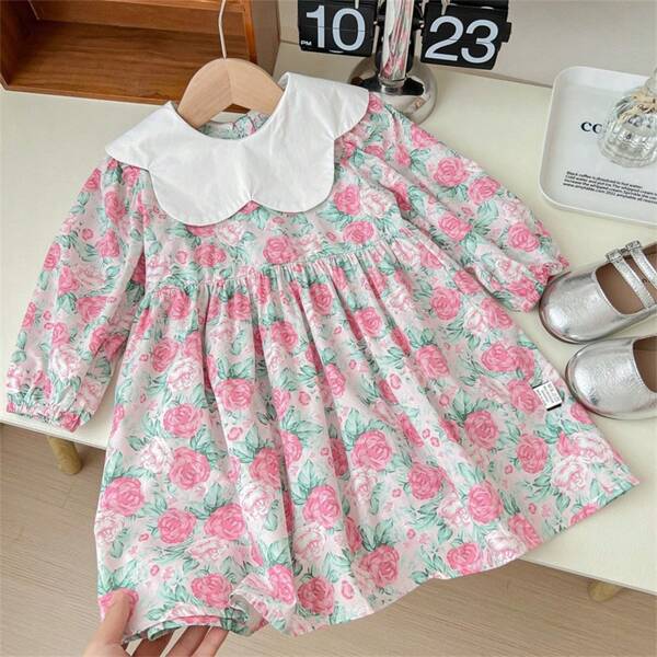 Young Girl Floral Print Spliced Collar Sweet And Dress For Spring And Autumn