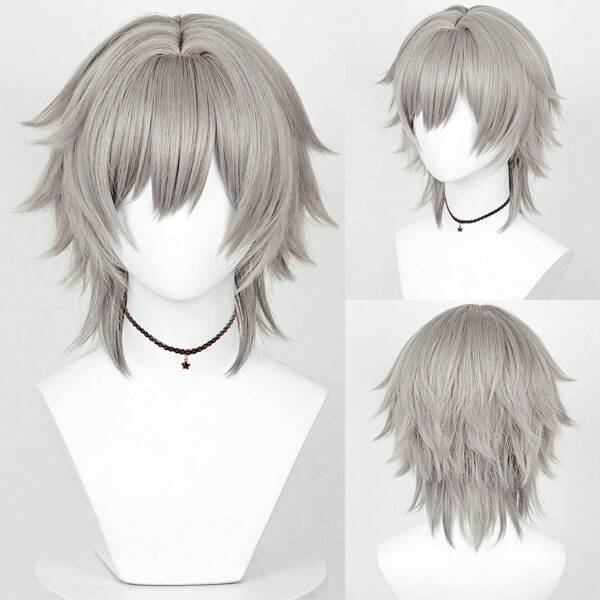 12 Inch Game Cosplay Synthetic Medium Length Grey Wig With Bangs Men Fluffy Hair Heat Resistant Wig For Party