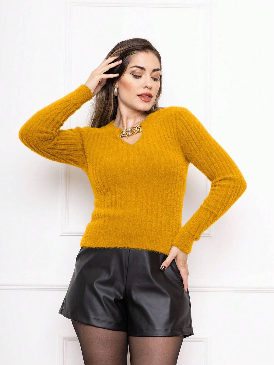 Women Knit Tops - 芥末黃 - 查看 1