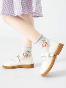 5雙/組女孩短襪，以櫻桃和兔子圖案為主調，紫色配色，採用網眼透氣布料，舒適度極高，適用於日常穿著或婚禮季節服裝。 - 彩色 - 查看 3