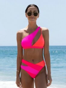 popvil Hollow Out Color Block Splicing Bikini Set For Women, Sweet Style Bikini Set For Summer Beach Or Pool - Multicolor - View 4