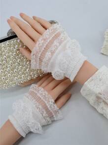 Một Đôi Còng Ren Xếp Ly Nguyên Bản, Váy Cưới Cô Dâu Trang Trí Cổ Tay Trang Sức, Ren Pháp Lãng Mạn, Tay Áo Có Thể Tháo Rời - trắng - Xem 11