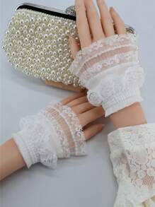 Một Đôi Còng Ren Xếp Ly Nguyên Bản, Váy Cưới Cô Dâu Trang Trí Cổ Tay Trang Sức, Ren Pháp Lãng Mạn, Tay Áo Có Thể Tháo Rời - trắng - Xem 9