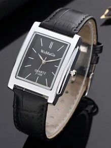 1枚方形男士腕表，玫瑰金表壳，男女通用，知名品牌，奢华真皮表带，石英机芯 - 棕色 - 查看 2