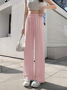 女士舒適實色速乾透氣運動休閒長褲，高腰寬鬆直筒寬腿家居降溫防曬長褲。 - 粉色 - 查看 1