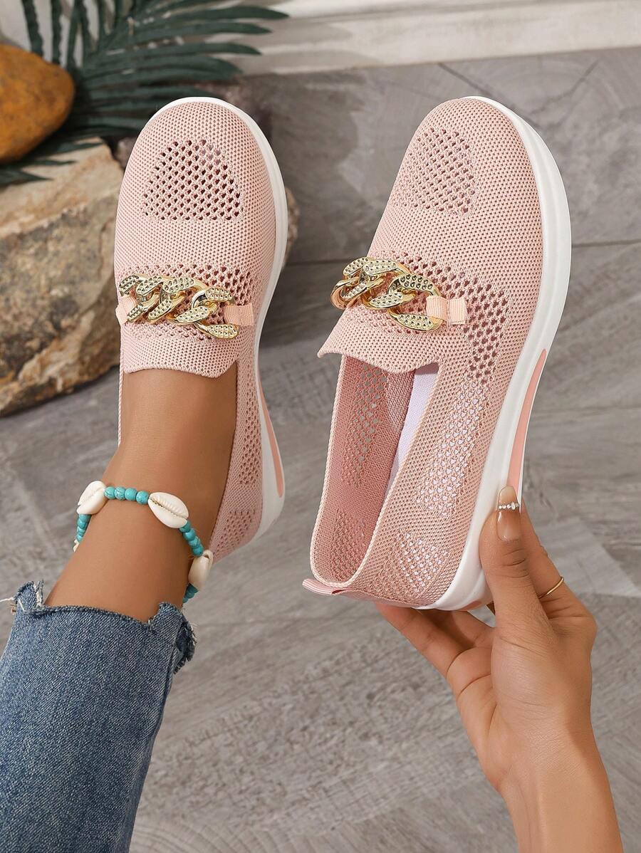 Fashionable Pink New Style Knitted Mesh Chain Slip-On Women Shoes For Casual Occasions, Breathable & Anti-Slip - Pink - View 1