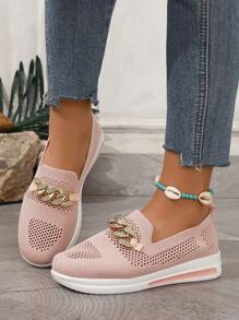 Fashionable Pink New Style Knitted Mesh Chain Slip-On Women Shoes For Casual Occasions, Breathable & Anti-Slip - Pink - View 2