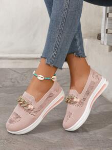 Fashionable Pink New Style Knitted Mesh Chain Slip-On Women Shoes For Casual Occasions, Breathable & Anti-Slip - Pink - View 4