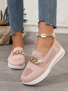 Fashionable Pink New Style Knitted Mesh Chain Slip-On Women Shoes For Casual Occasions, Breathable & Anti-Slip - Pink - View 3