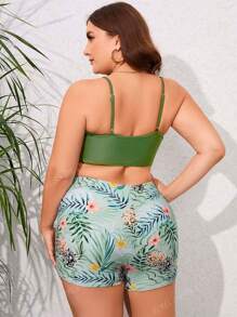 Conjunto de traje de baño estampado tropical de talla grande top de tirantes con cordón y kimono de verano para mujer moda 3 piezas