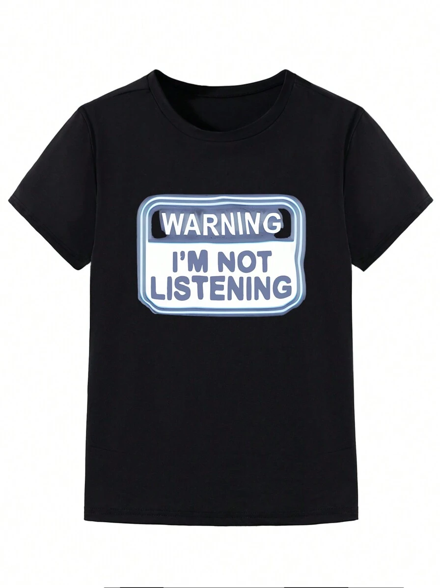 Tween Boy Mùa hè Cổ tròn Tay ngắn Thời trang Đơn giản Vui nhộn Slogan In Tee - màu đen - Xem 1