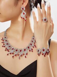 European And American Saudi Arabia Popular Luxury Set/multi-color Cubic Zirconia Jewelry Set Including Necklace, Earrings, Ring And Bracelet, One Size For All/full Rhinestone Decor/glamorous For Parties And Weddings - four piece set - View 4