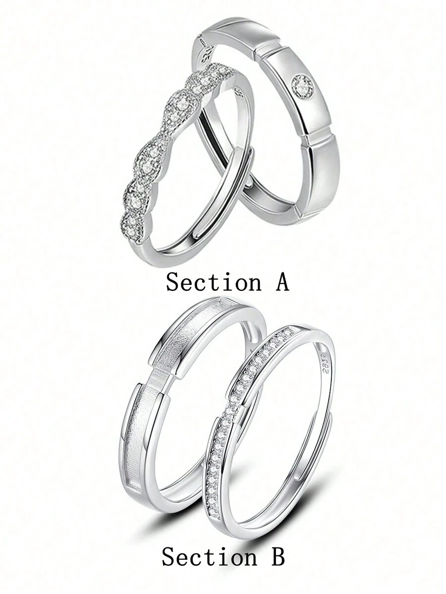 一對全925銀鑲嵌情侶開口戒指，附帶包裝盒，時尚、精美、多用途，適合婚禮、約會和禮物贈送 - 銀色 - 查看 1