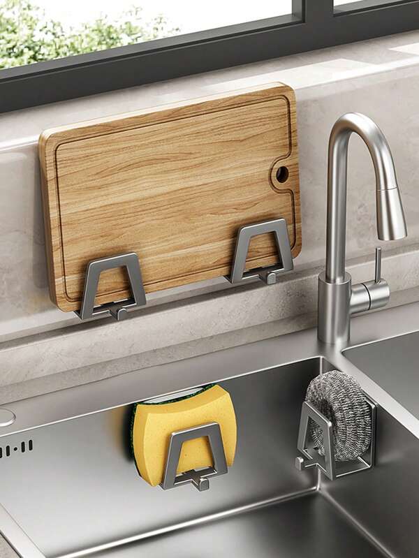 1pc No Drilling Stainless Steel Tube Sponge Storage Shelf For Kitchen - Multi-Functional Pot Cover Organizer With Steel Wire Ball & Pot Brush Hook