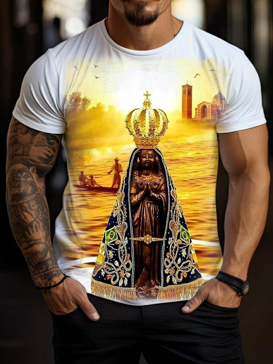 Camiseta Masculina Estampada Católica Nossa Senhora Aparecida - Branco - Visão 1