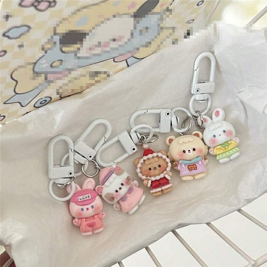 [Set di 5] Ciondoli portachiavi carini e simpatici con orsetto, coniglio e gatto, accessori per coppie, migliori amici, zaini, regali, accessori per auto, borse, scuola, stile gotico e Y2K, portachiavi con porta badge