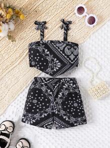 Baby Girls' Bohemian Style Sleeveless Strap Top With Simple Shorts Set For Summer - Multicolor - View 2