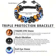 1pc Triple Protection Healing Bracelet, Featuring Tiger's Eye And Black Obsidian Beads, Suitable For Men And Women, Symbolizing Luck, Prosperity And Happiness, Father's Day Gift - Energy Bracelet - View 4