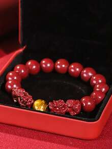 1pc Cinnabar Tiger Eye Stone Beads Fengshui Pixiu Bracelet Men Women Fashion DIY Elastic Bracelet Jewelry - Red - View 7