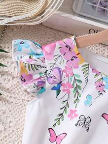 Ensemble de 2 pièces pour filles préadolescentes : T-shirt à manches courtes imprimé motif floral et shorts de sport