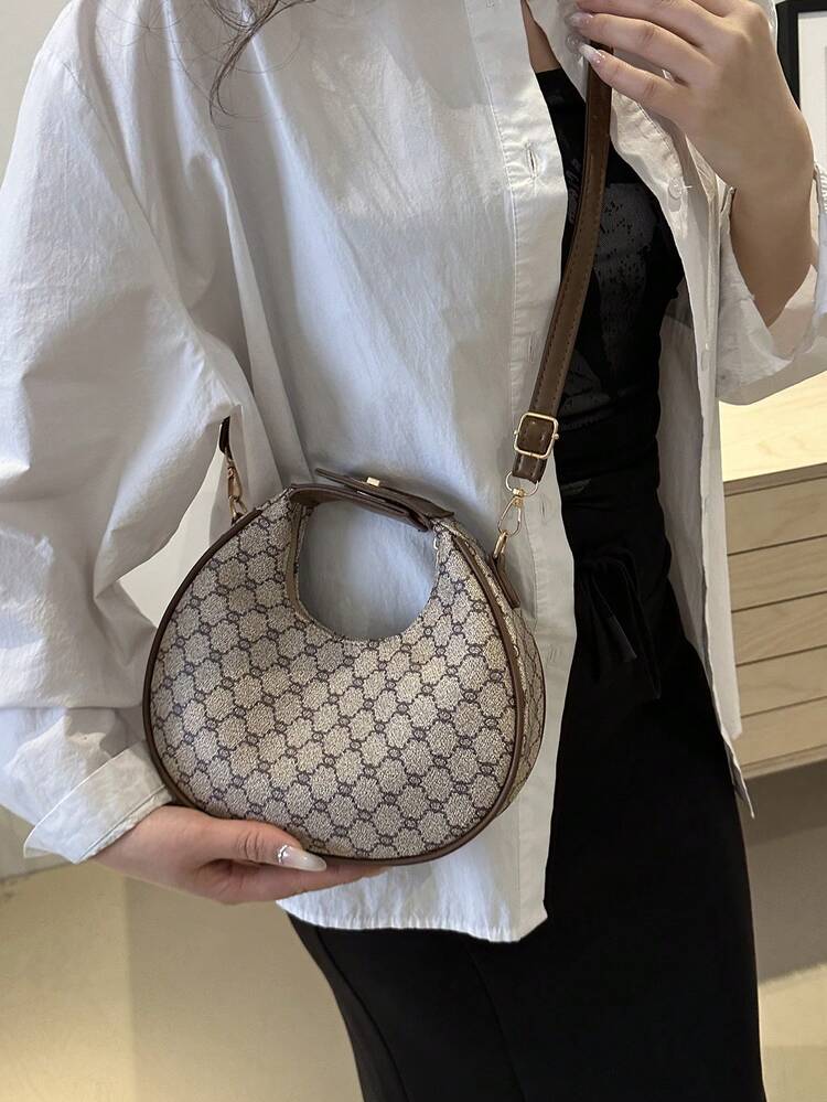 Bolso de bandolera de moda con patrón geométrico, bolso de hombro de PU, bolso de mano y cartera casual y sencillo para mujer - Caqui - Ver 2