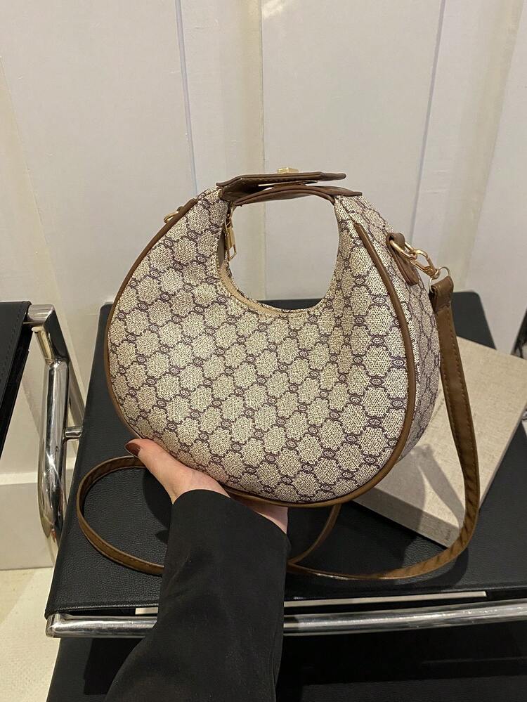 Bolso de bandolera de moda con patrón geométrico, bolso de hombro de PU, bolso de mano y cartera casual y sencillo para mujer - Caqui - Ver 1