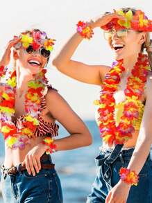 4 PC/Set Summer Boho Hippie Cute Pink Hawaii Flower Leis Women Men Tropical Floral Leis Crown Hawaiian Luaus Party Surfer Hairpin Flower Garland Hairbands Bracelet Set Suitable For Men Women Headband Beach Pool Birthday Parties Decorations Party Favors Music Festival Party, Beach Vacation,Wedding Party,Graduation Celebration ,Hair Accessoires