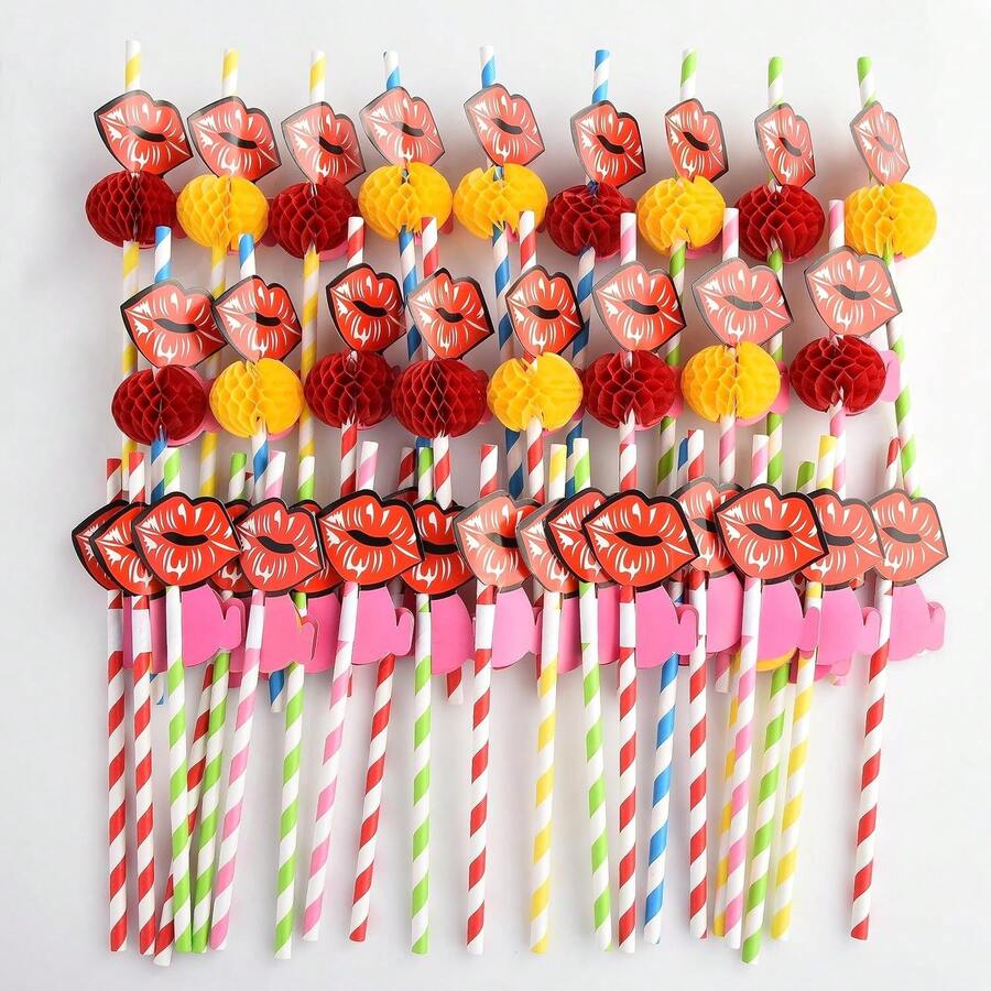50pcs Creative Makeup Party Paper Cocktail Straws, Bachelorette Party Straws, , Decoration For Cold Drinks And Smoothies (Red Lips) - Multicolor - View 1