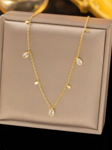 1pc Stainless Steel Minimalist Necklace, Delicate Square Rhinestone Choker Necklace, Dainty Jewelry, Suitable For Daily Wear For Women
