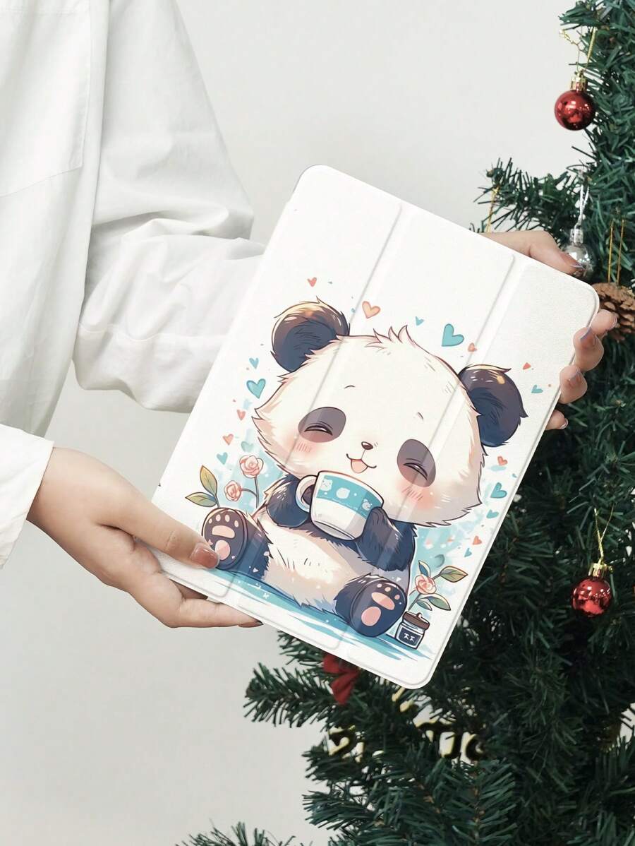 苹果可爱熊猫保护壳适用于 iPad 新款 iPad Air4/5 10.9 英寸，兼容三星 Galaxy Tab/Tab 保护套，带笔架，支持自动睡眠/唤醒盖