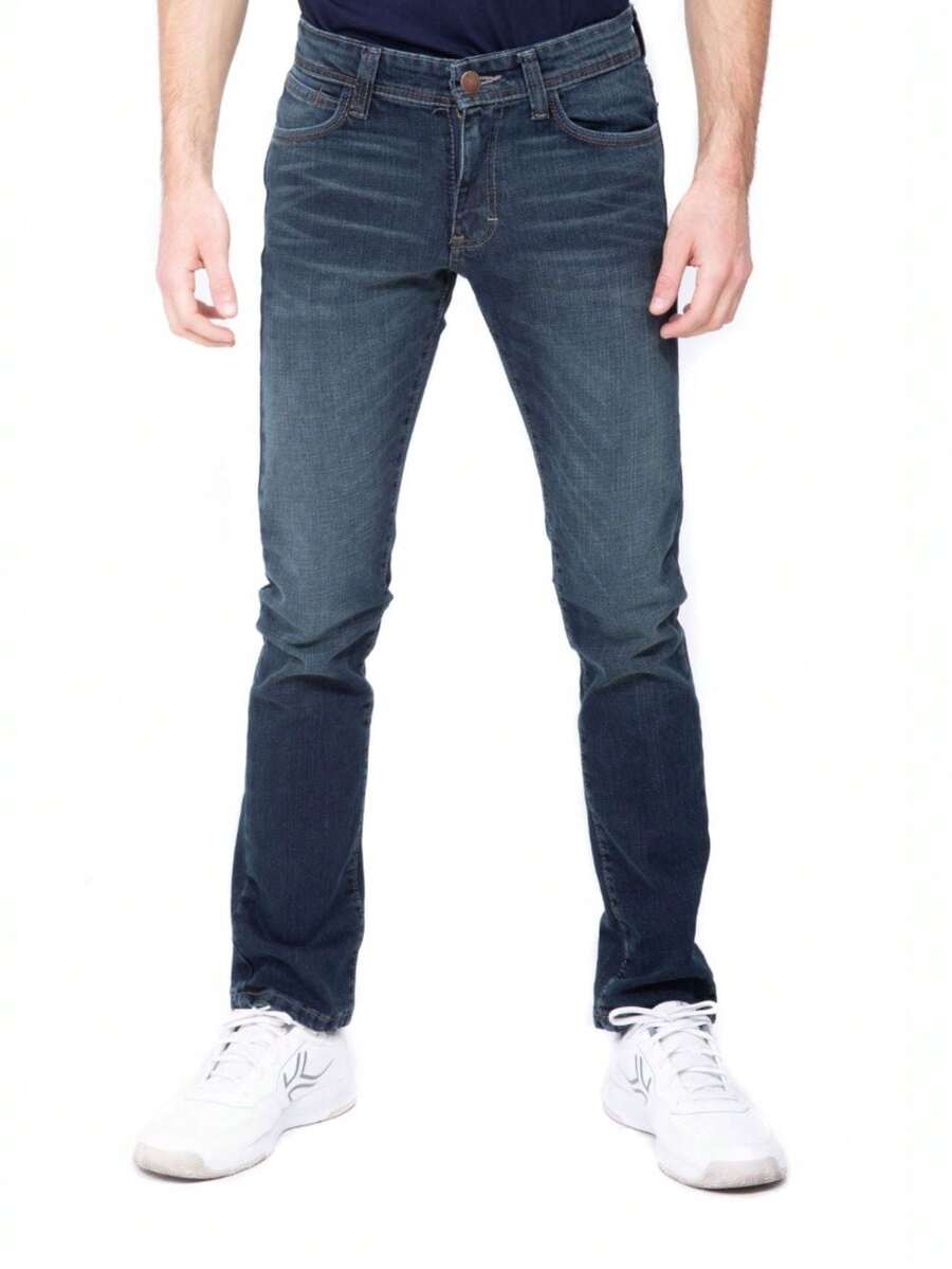 Jeans Pantalones de Mezclilla Deslavados Corte Regular Recto para Hombre - Azul - Ver 1